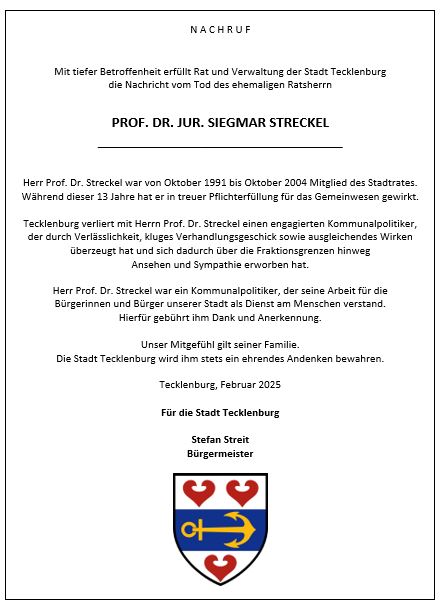 Nachruf zu Prof. Dr. jur. Siegmar Streckel